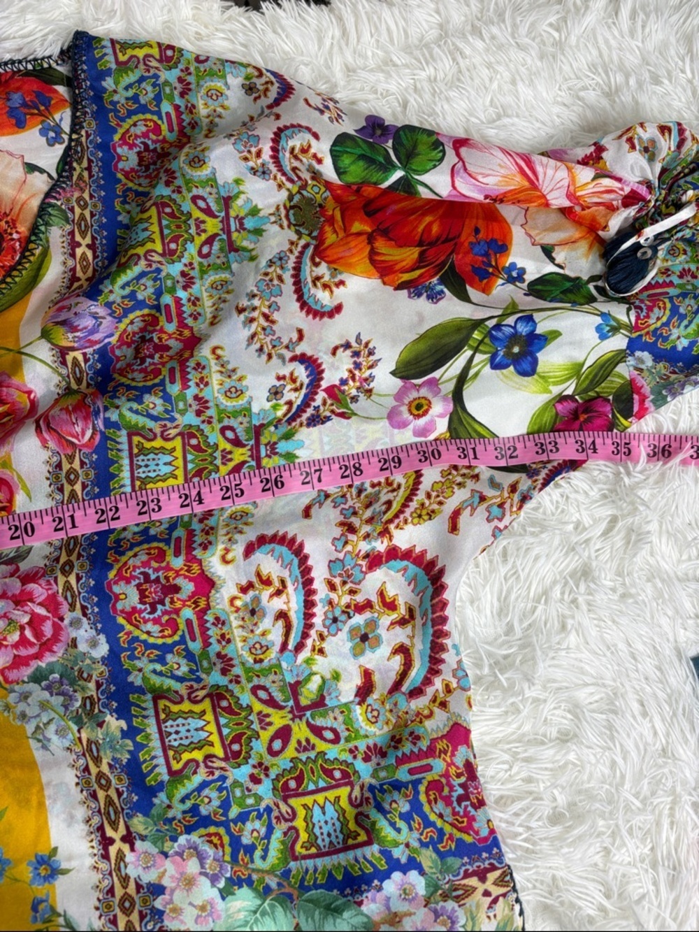 Johnny Was Sorbet Floral Print 100% Silk V-Neck Blouse - Boho Tassel Sleeve - Picture 7 of 7